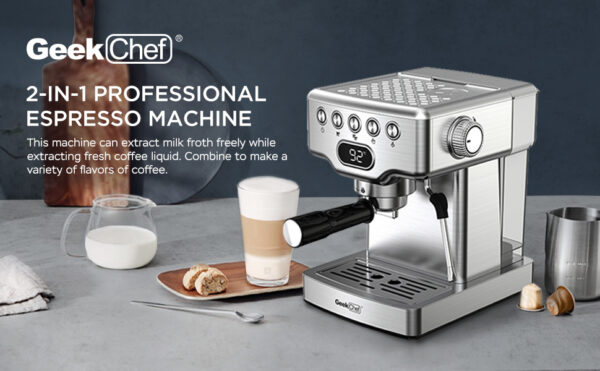 Geek Chef Espresso Machine, 20 Bar Espresso Machine With Milk Frother For Latte, Cappuccino, Macchiato, For Home Espresso Maker, 1.8L Water Tank, Stainless Steel. - Image 4